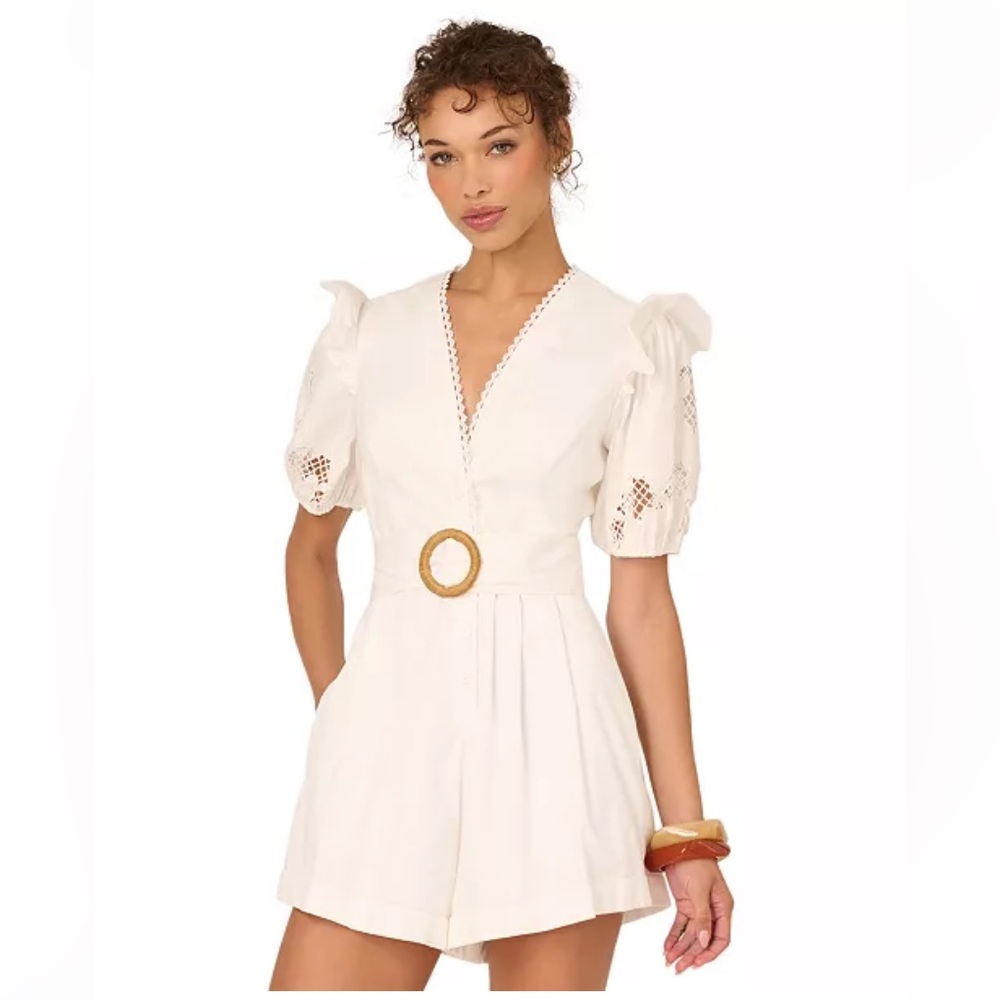 Women's Cream Puff Sleeve Romper with Belt